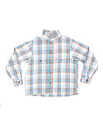 Bucky oversized flannel over shirt with a checkered pattern in blue/tan displayed on a white background.