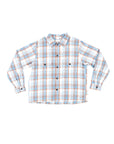 Bucky oversized flannel over shirt with a checkered pattern in blue/tan displayed on a white background.