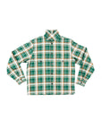 Bucky oversized flannel over shirt with a checkered pattern in green/brown displayed on a white background.
