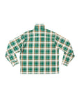 Back shot of the Bucky oversized flannel over shirt with a checkered pattern in green/brown displayed on a white background.