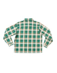 Back shot of the Bucky oversized flannel over shirt with a checkered pattern in green/brown displayed on a white background.