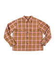 Bucky oversized flannel over shirt with a checkered pattern in brown/red displayed on a white background.