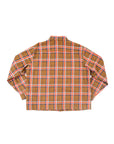 Back shot of the Bucky oversized flannel over shirt with a checkered pattern in brown/red displayed on a white background.