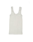 A sandstone ribbed cotton spandex tank top with double stitched edges and a slight v-neck collar, displayed on a white background.