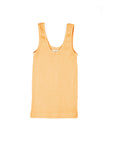A sunrise yellow ribbed cotton spandex tank top with double stitched edges and a slight v-neck collar, displayed on a white background.