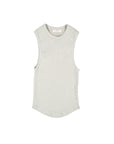 A sandstone ribbed cotton spandex tank top with a crew neck collar and scalloped bottom edge on a white background.