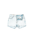 shot of denim surf shorts with button fly on a white background