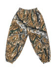 A pair of real tree camouflage print pants with an elastic waistband and large front pockets.