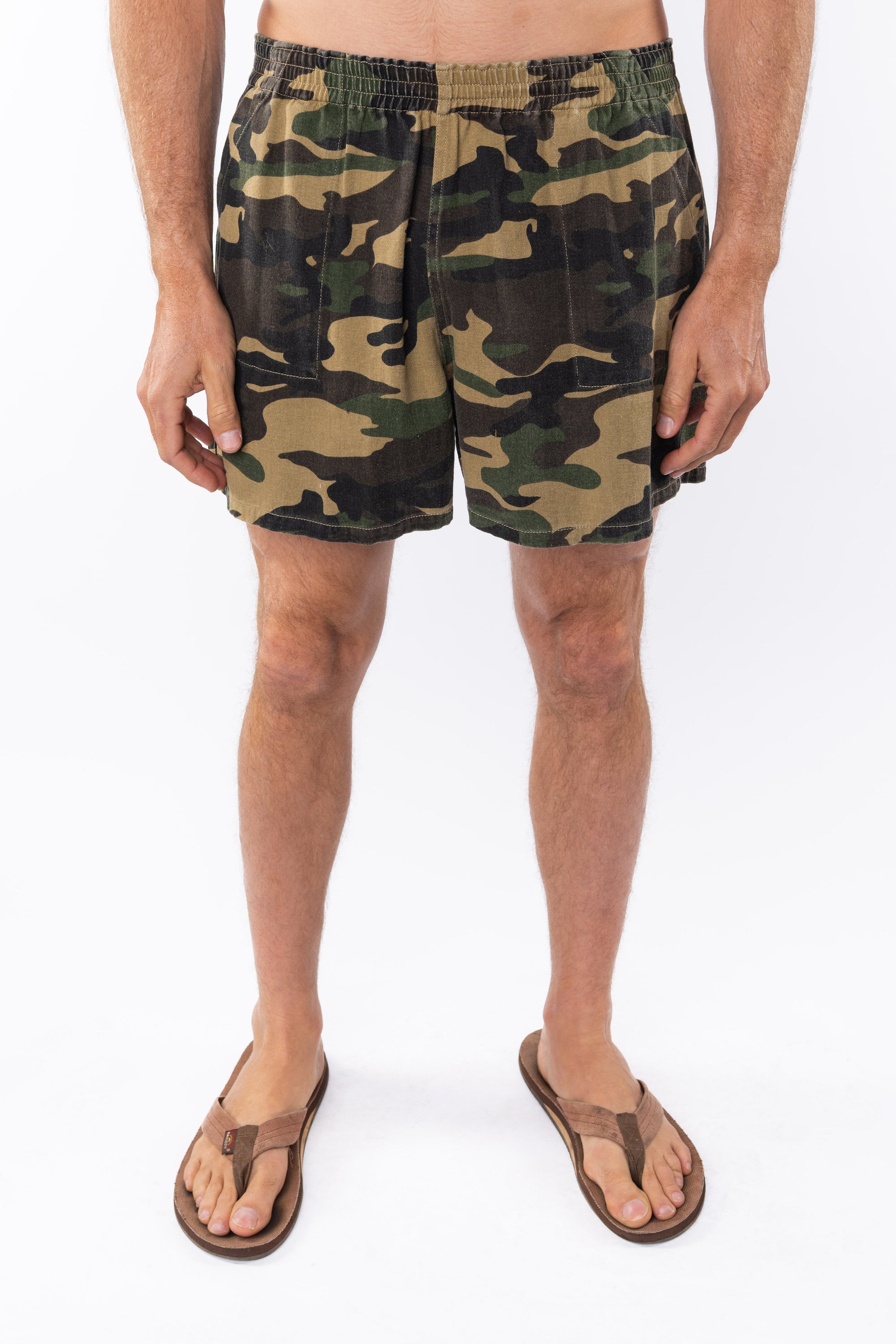 Person wearing camouflage day shorts on a white background