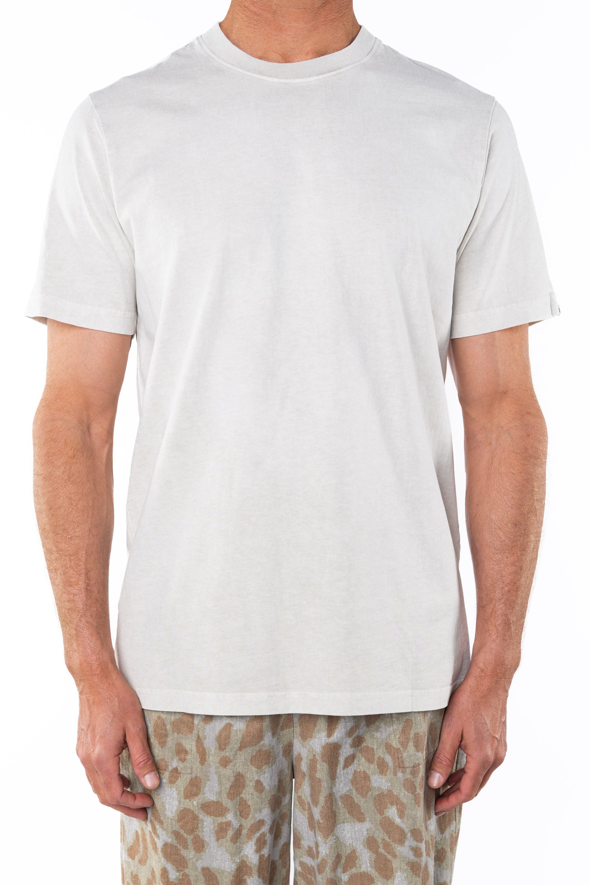 Front shot of man wearing a Crewneck T-shirt in cream with a leopard pants on a white background. 