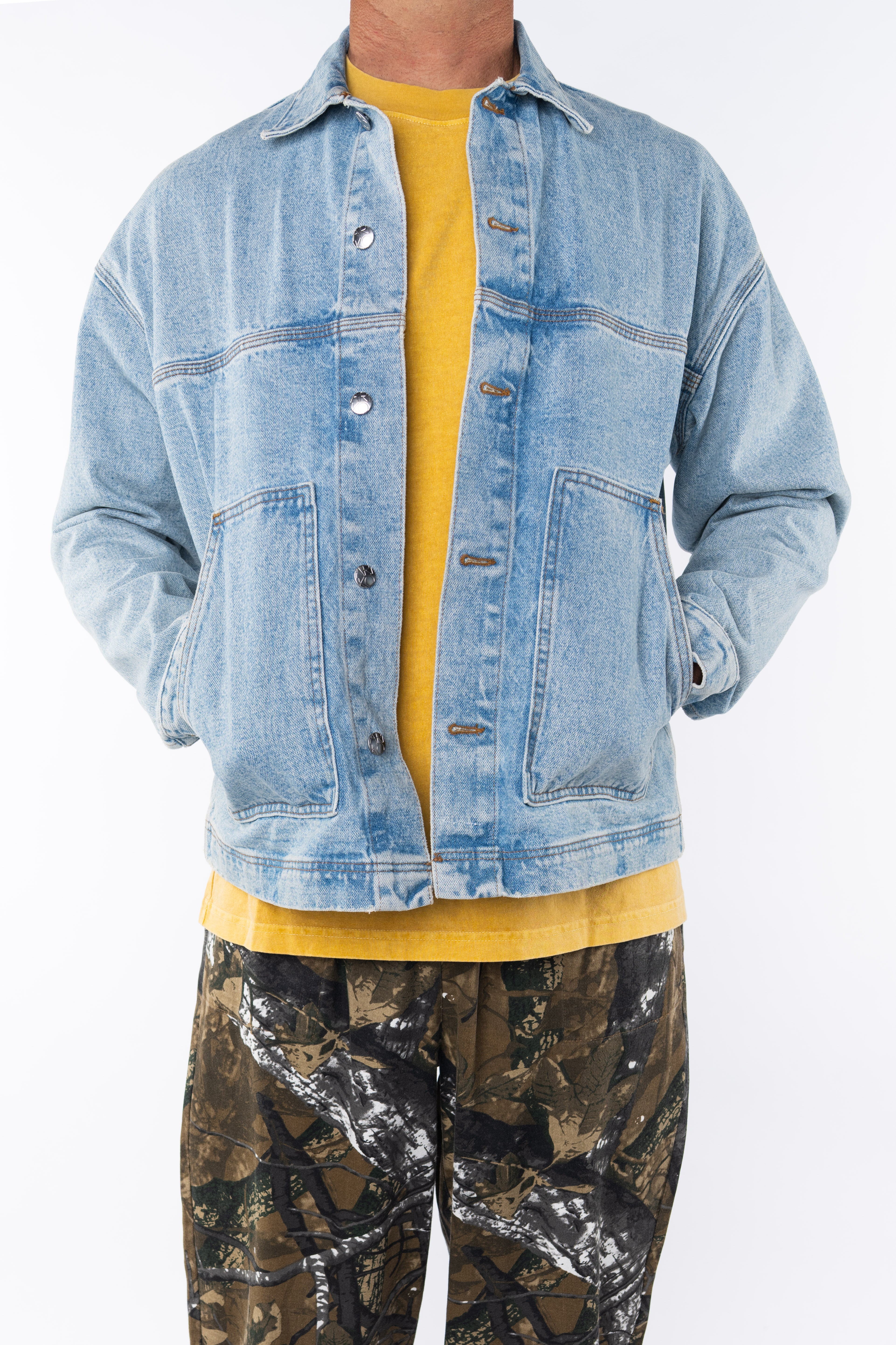 Denim Jacket: Oversized in Bleached Indigo Wash - ARIKO LA