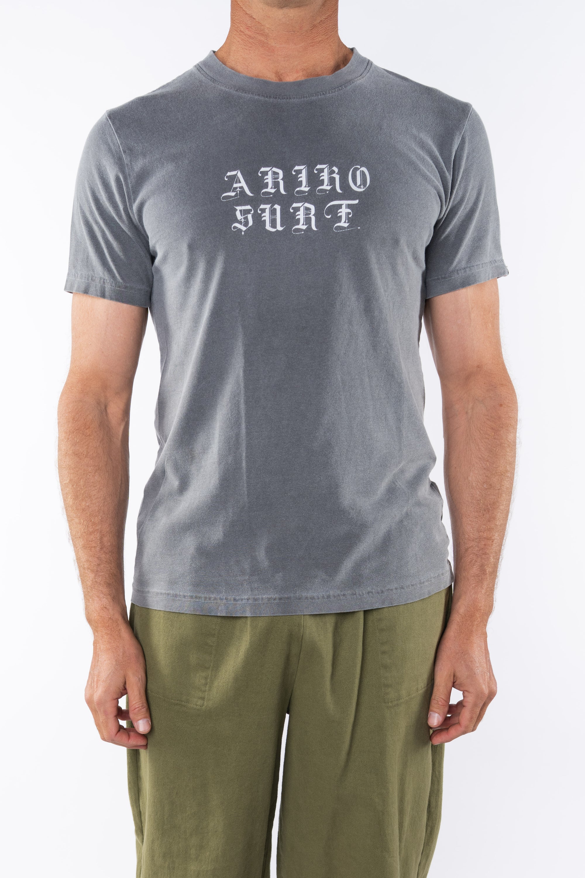 Man wearing OG Logo Graphic T-shirt in Sea Gray with Army Green day pants.