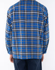 Back shot of Bucky Heavyweight Blue/black flannel shirt on a man with a white background