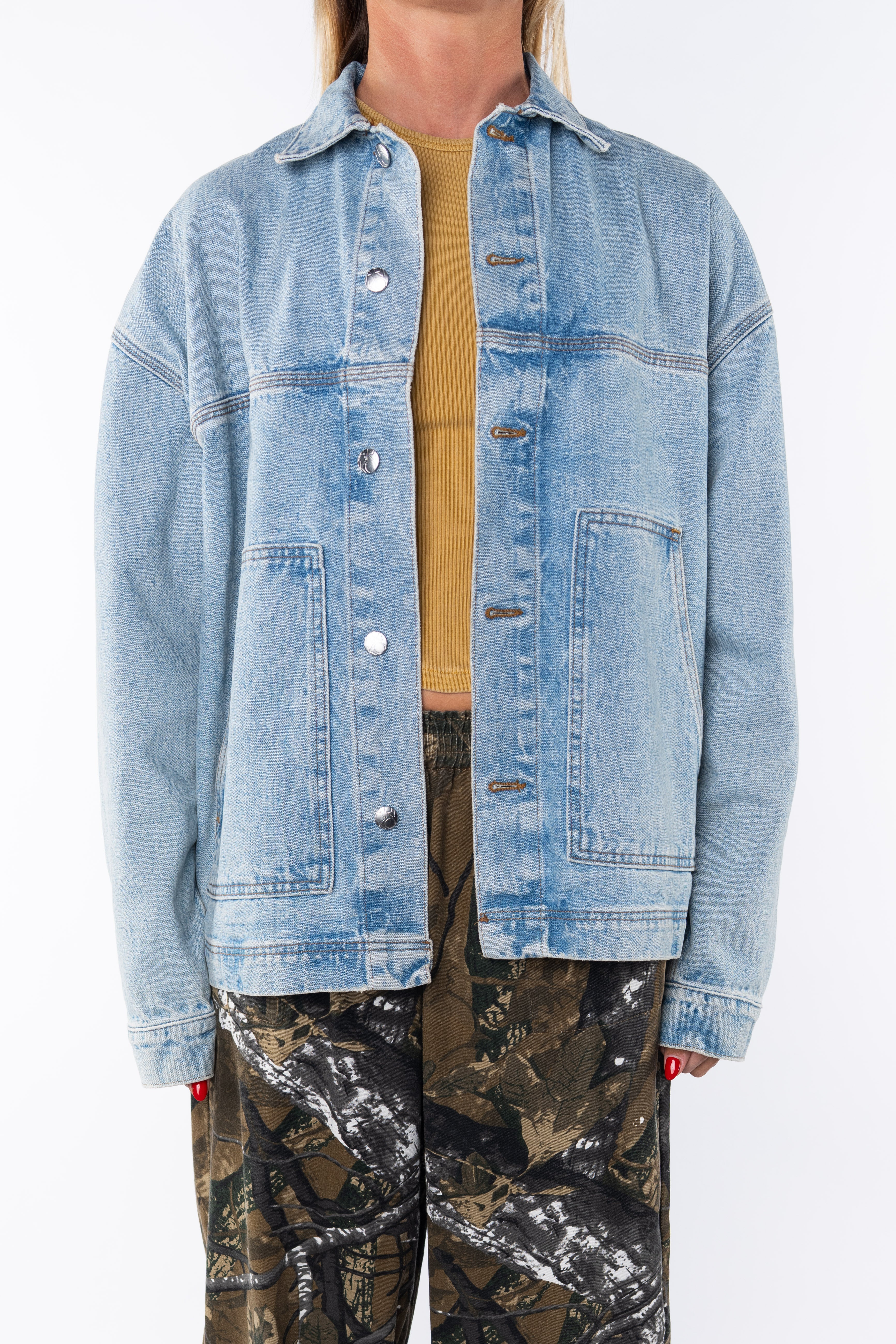 Denim Jacket: Oversized in Bleached Indigo Wash - ARIKO LA