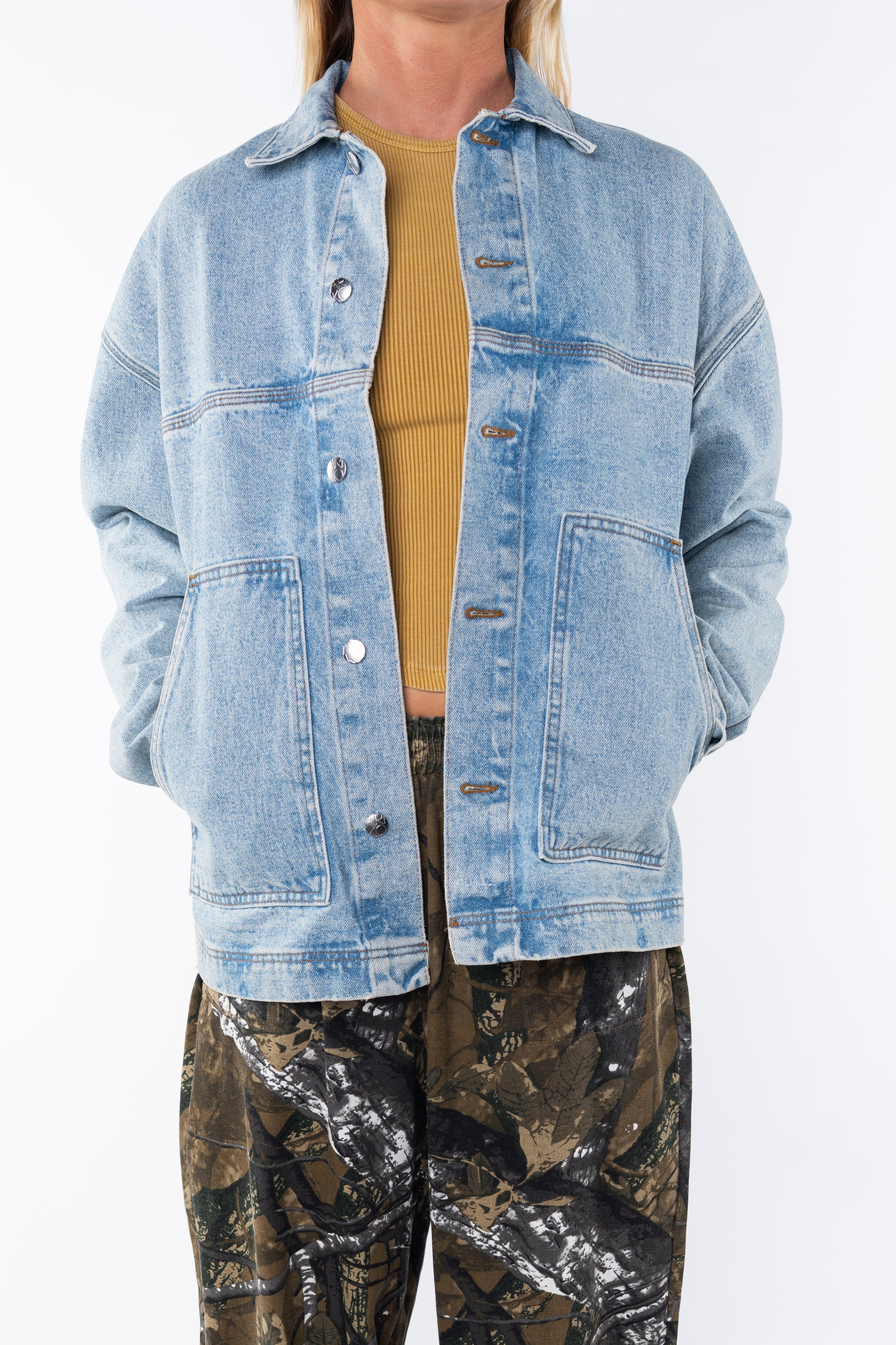 Denim Jacket: Oversized in Bleached Indigo Wash - ARIKO LA