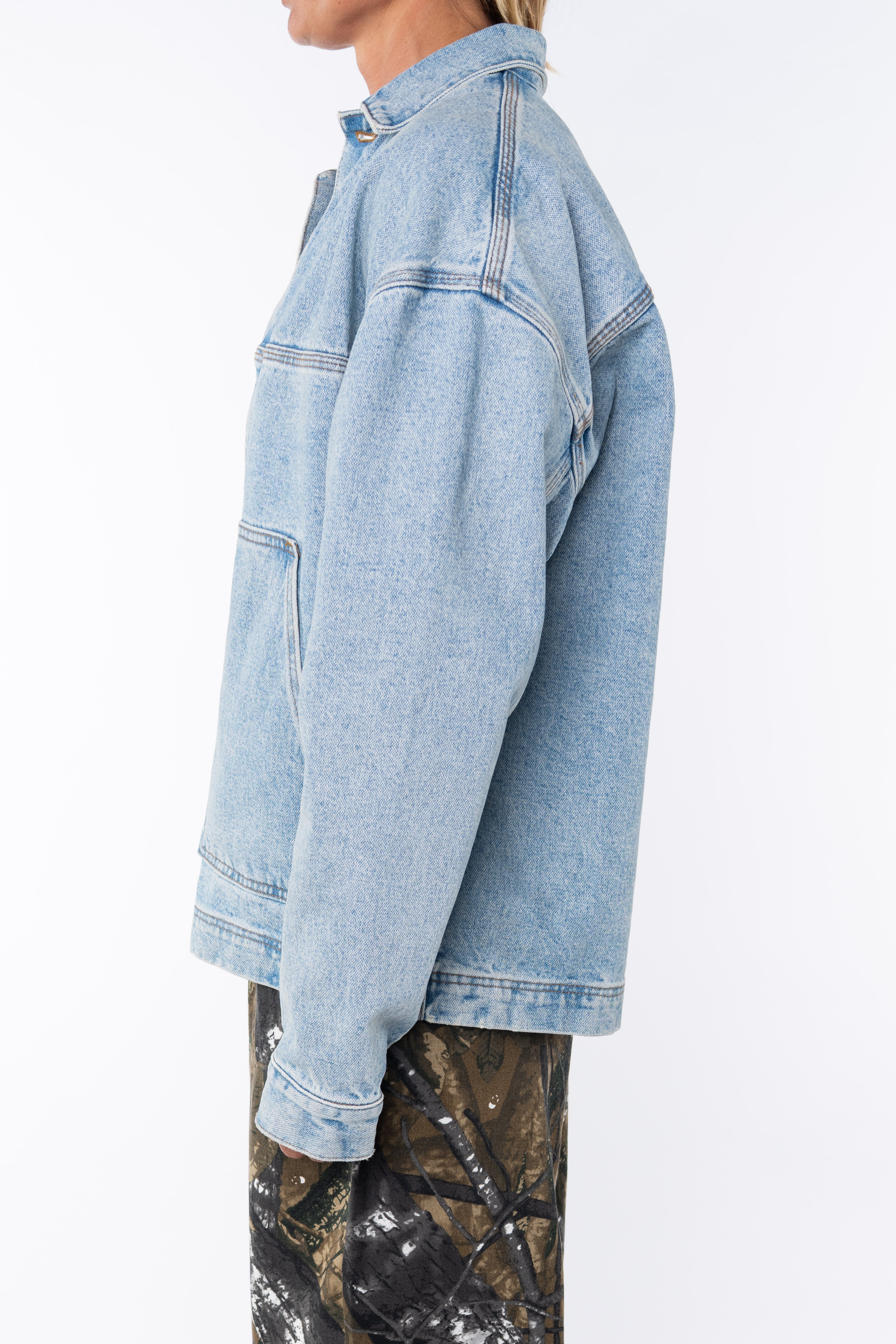 Denim Jacket: Oversized in Bleached Indigo Wash - ARIKO LA