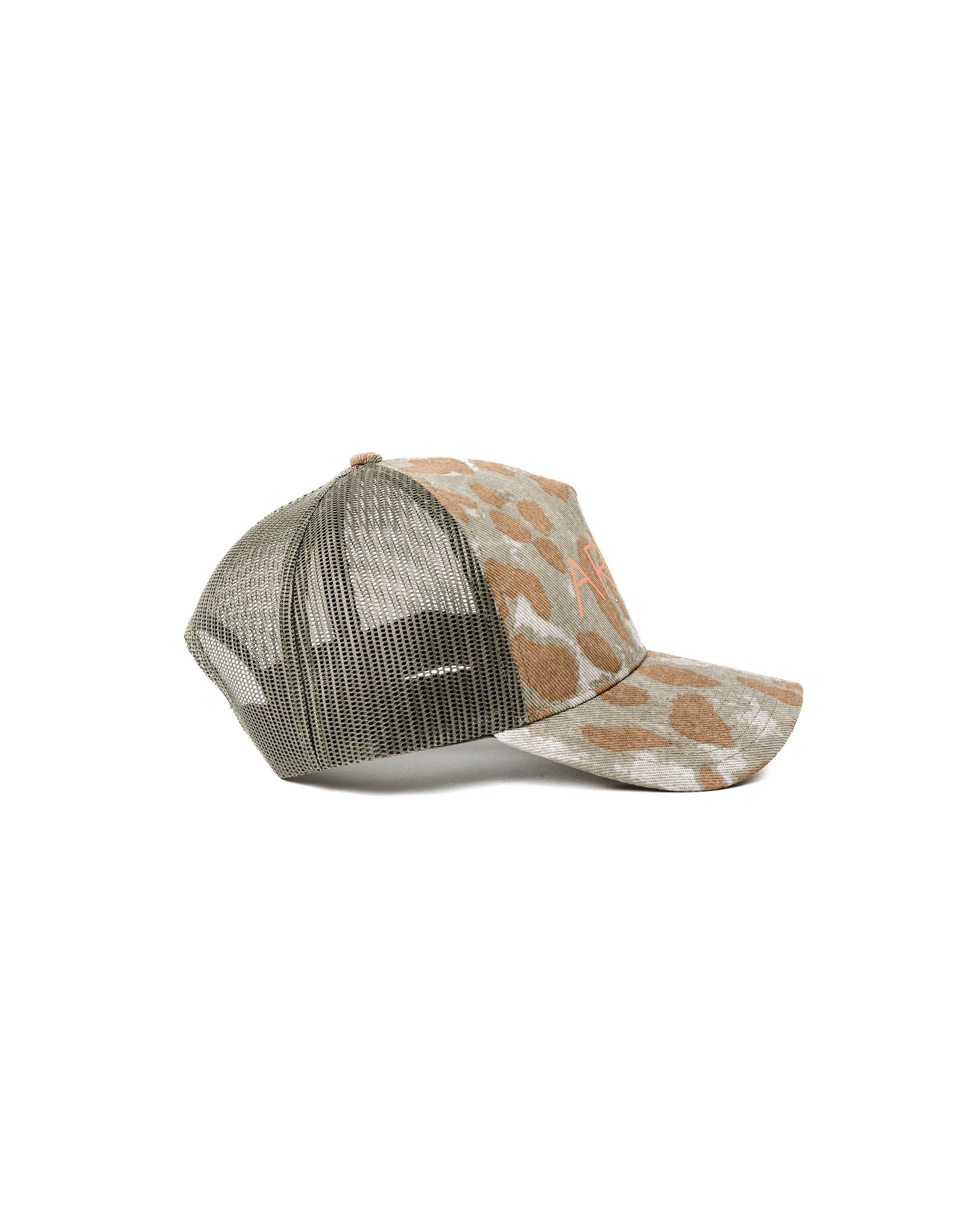 Leopard Camouflage-patterned cap with mesh back on a white background.