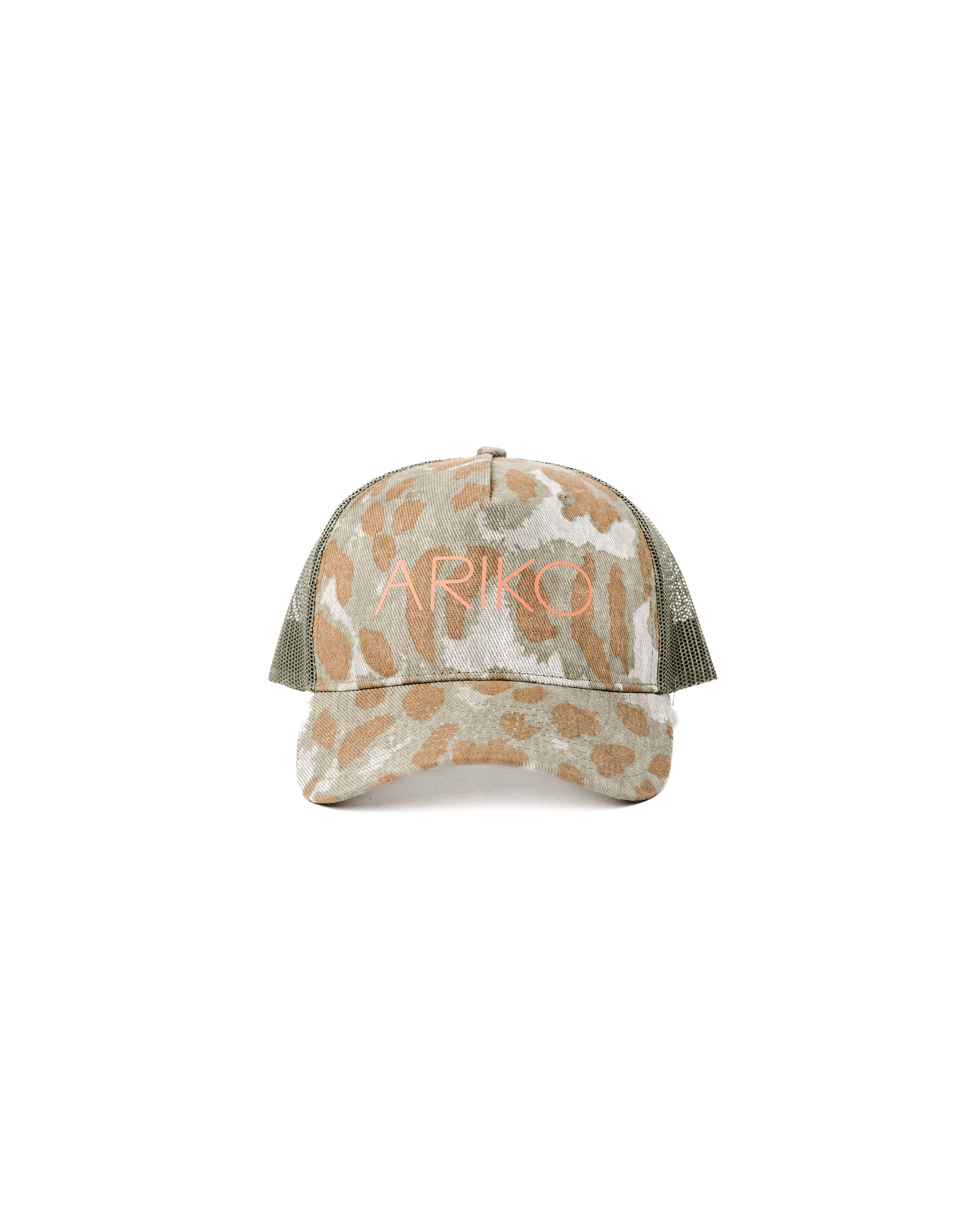 Leopard Camouflage-patterned cap with 'ARIKO' branding on a white background